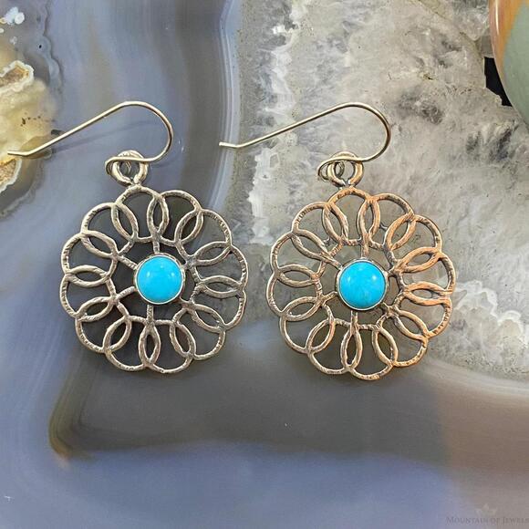 Sterling Silver Round Sleeping Beauty Turquoise Flower Fashion Dangle Earrings - Picture 1 of 10
